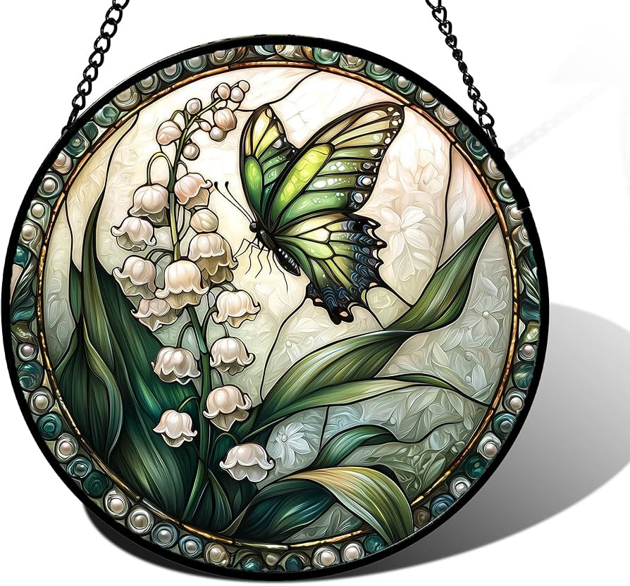 Stained Glass Window Hanging, Lily of the Valley Flower Butterfly Suncatcher for Doors Home Sun C... | Amazon (US)