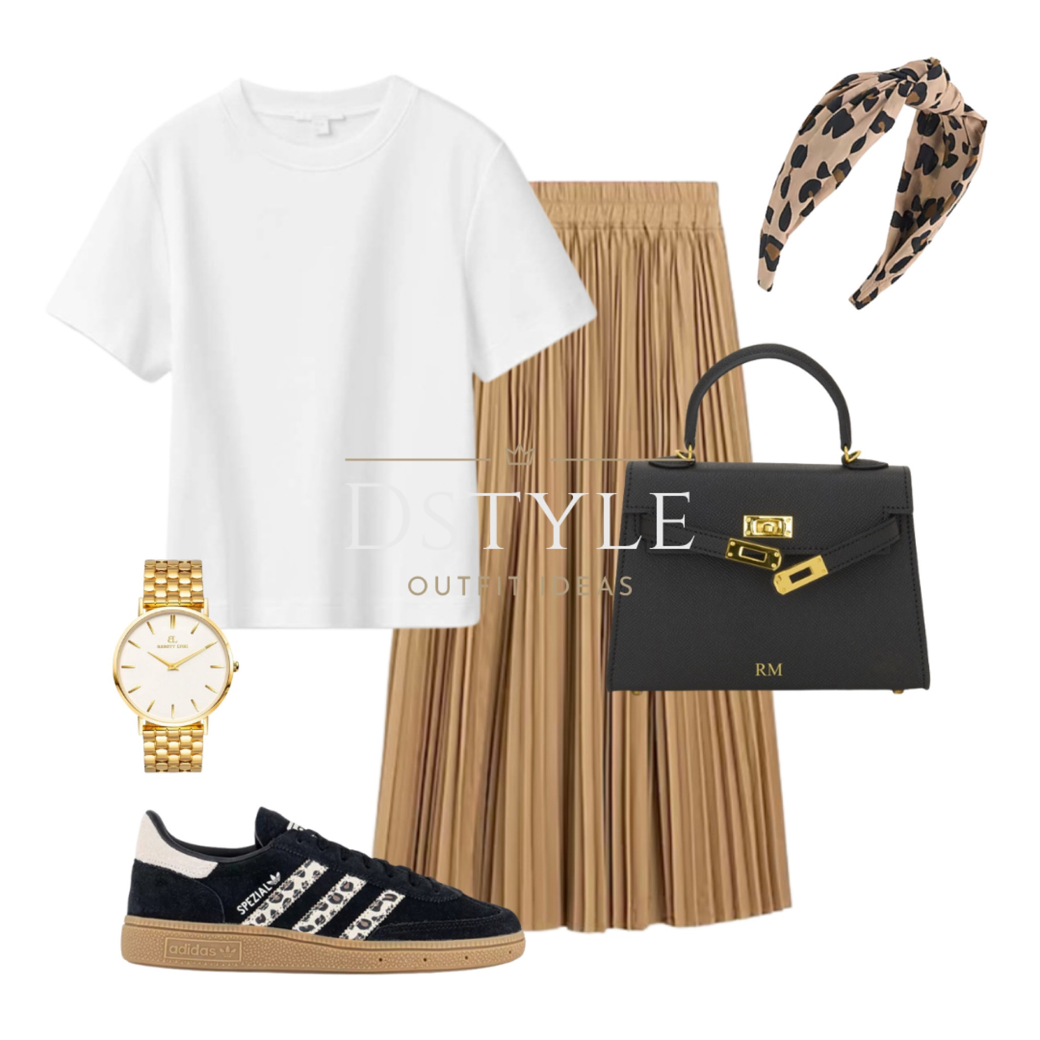 Basic white t-shirt, beige pleated skirt, Adidas Spezial with leopard accent, black leather handbag with gold details and initials, leopard headband
Neutral outfit, ootd, comfy yet chic style

#LTKFindsUnder50 #LTKShoeCrush #LTKStyleTip