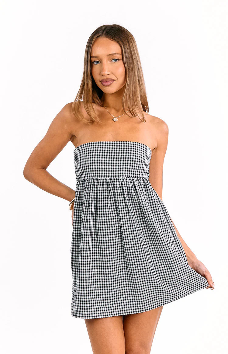 Berrie Black Gingham Strapless Mini Dress | Beginning Boutique | Beginning Boutique (US)