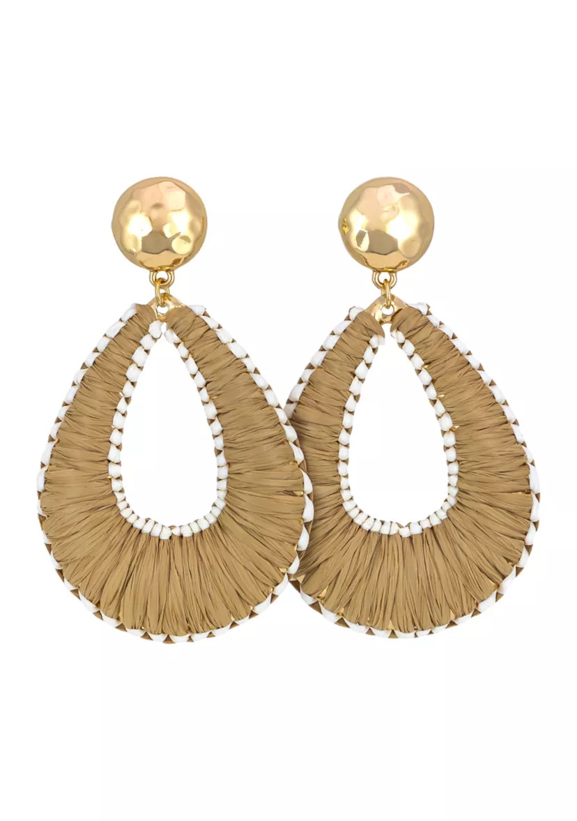 Hammered Natural Raffia Wrapped Open Teardrop Earrings | Belk