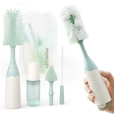 Momcozy Portable Bottle Brush Set - Baby Bottle Cleaner Kit with Silicone Brush, Nipple Brush, Straw Brush, Soap Dispenser, Drying Rack - 6 in 1 Bottle Cleaning Tool for Home and Travel 1 Set Green | Walmart (US)
