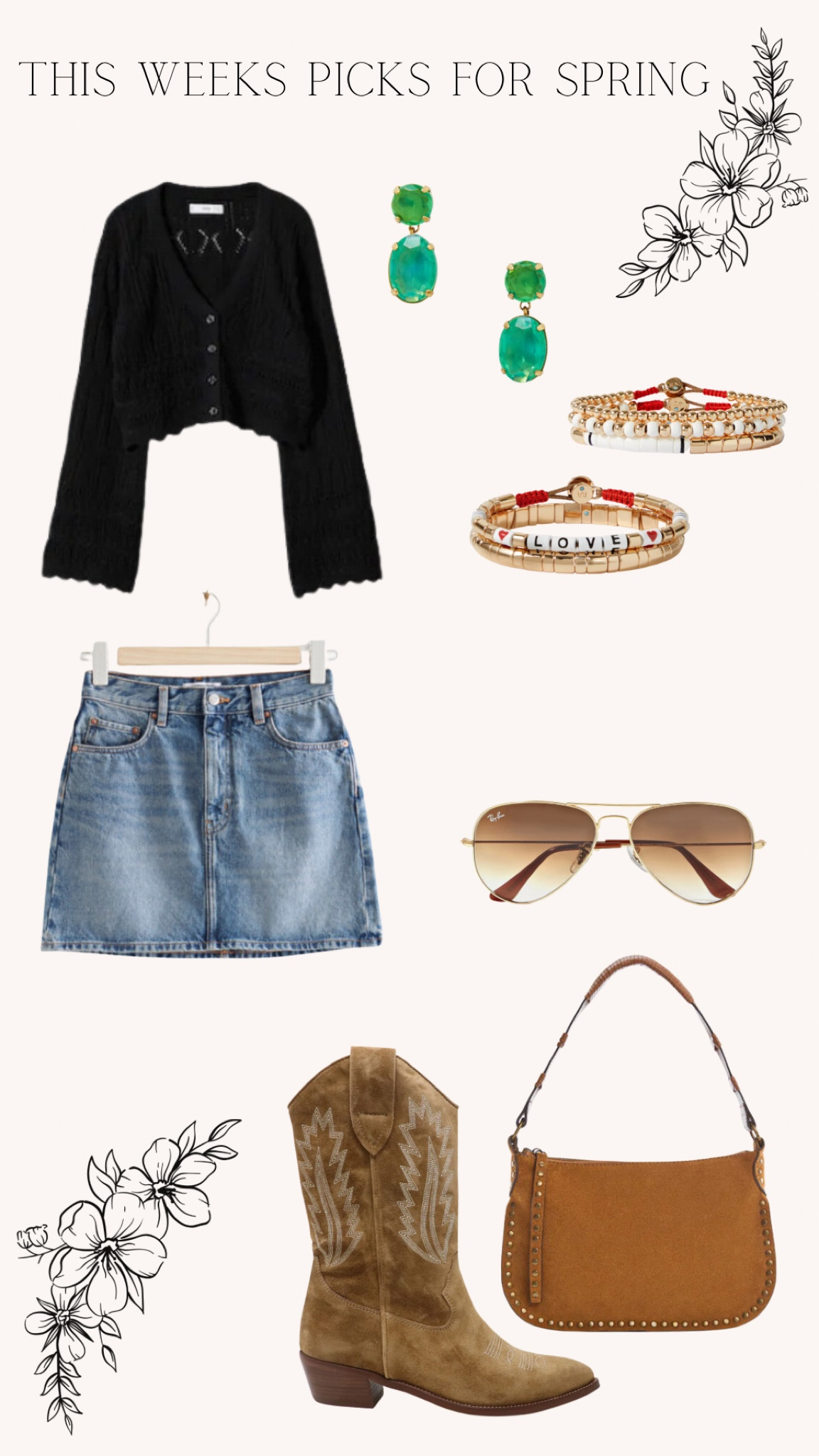 This weeks new in for spring 

spring wardrobe - new in spring - new in summer - summer wardrobe - mango - mango top - denim skirt - denim mini skirt - cowboy boots - mango bag - suede bag - Ray ban - Ray ban sunglasses - beaded jewellery - emerald earrings - coachella outfit - coachella - coachella clothes - spring clothes - summer clothes - festival outfit - festival clothes 

#LTKSeasonal #LTKFestival #LTKstyletip
