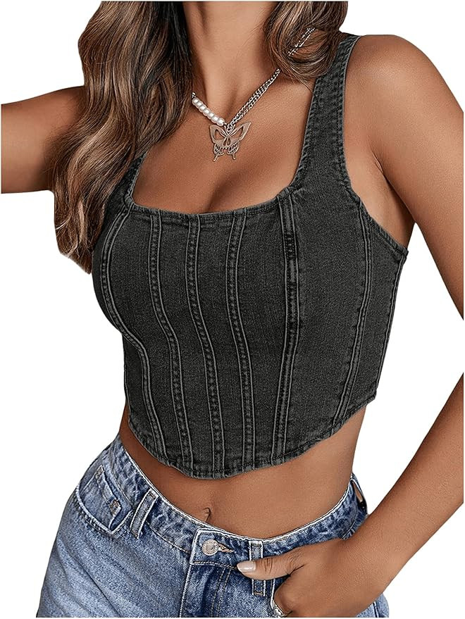 Floerns Women's Square Neck Sleeveless Corset Denim Top Asymmetrical Hem Zip Up Back Crop Tank To... | Amazon (US)