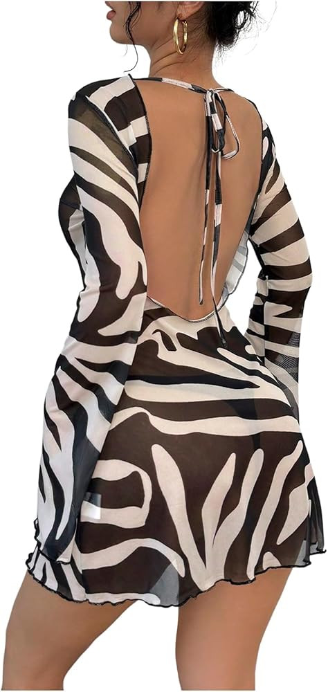 WDIRARA Women's Zebra Striped Backless Mesh Sheer Mini Dress Long Bell Sleeve Y2k Dresses | Amazon (US)