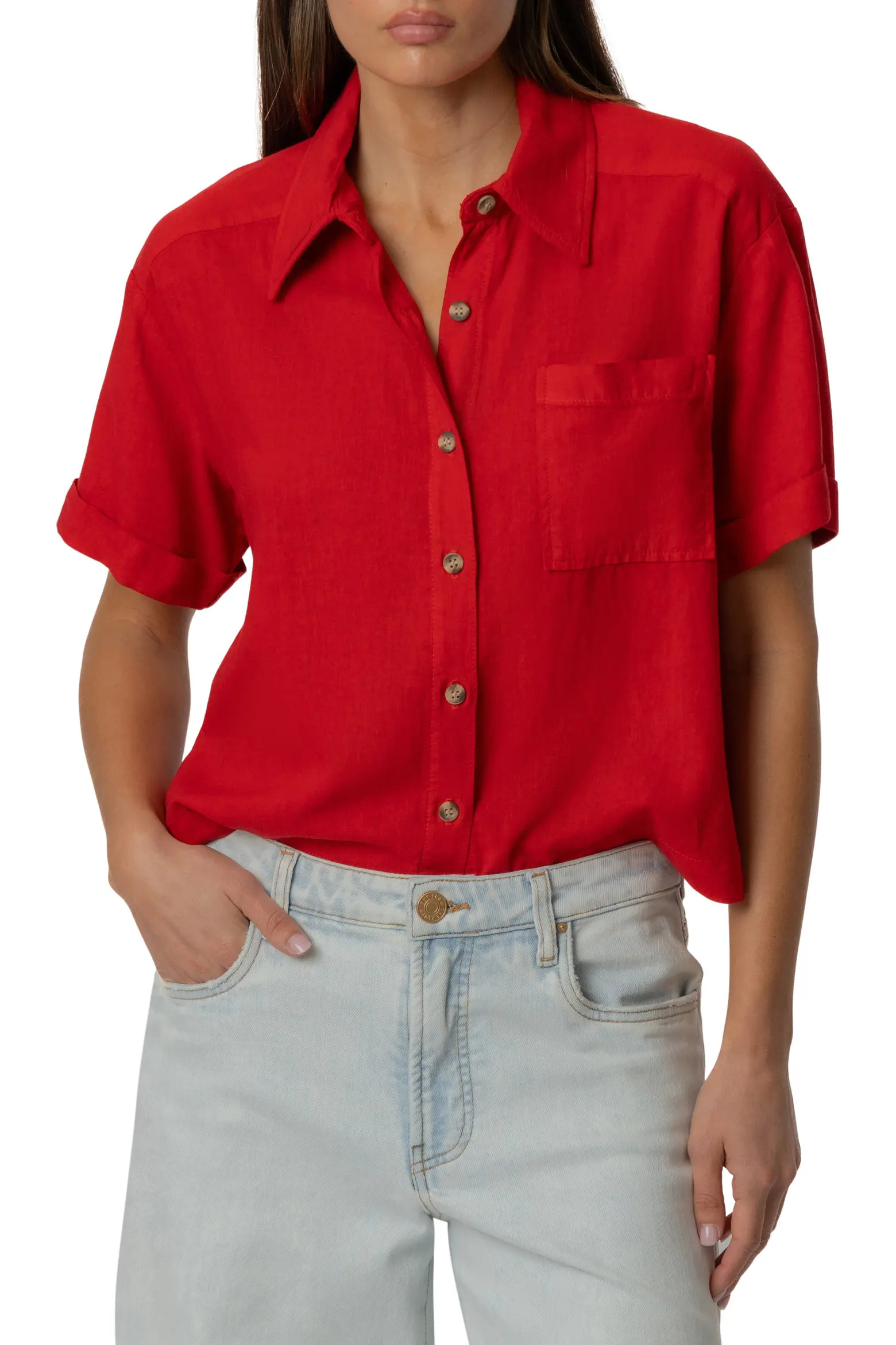 KUT from the Kloth Aida Linen Blend Short Sleeve Button-Up Top in Jungle at Nordstrom, Size Medium | Nordstrom