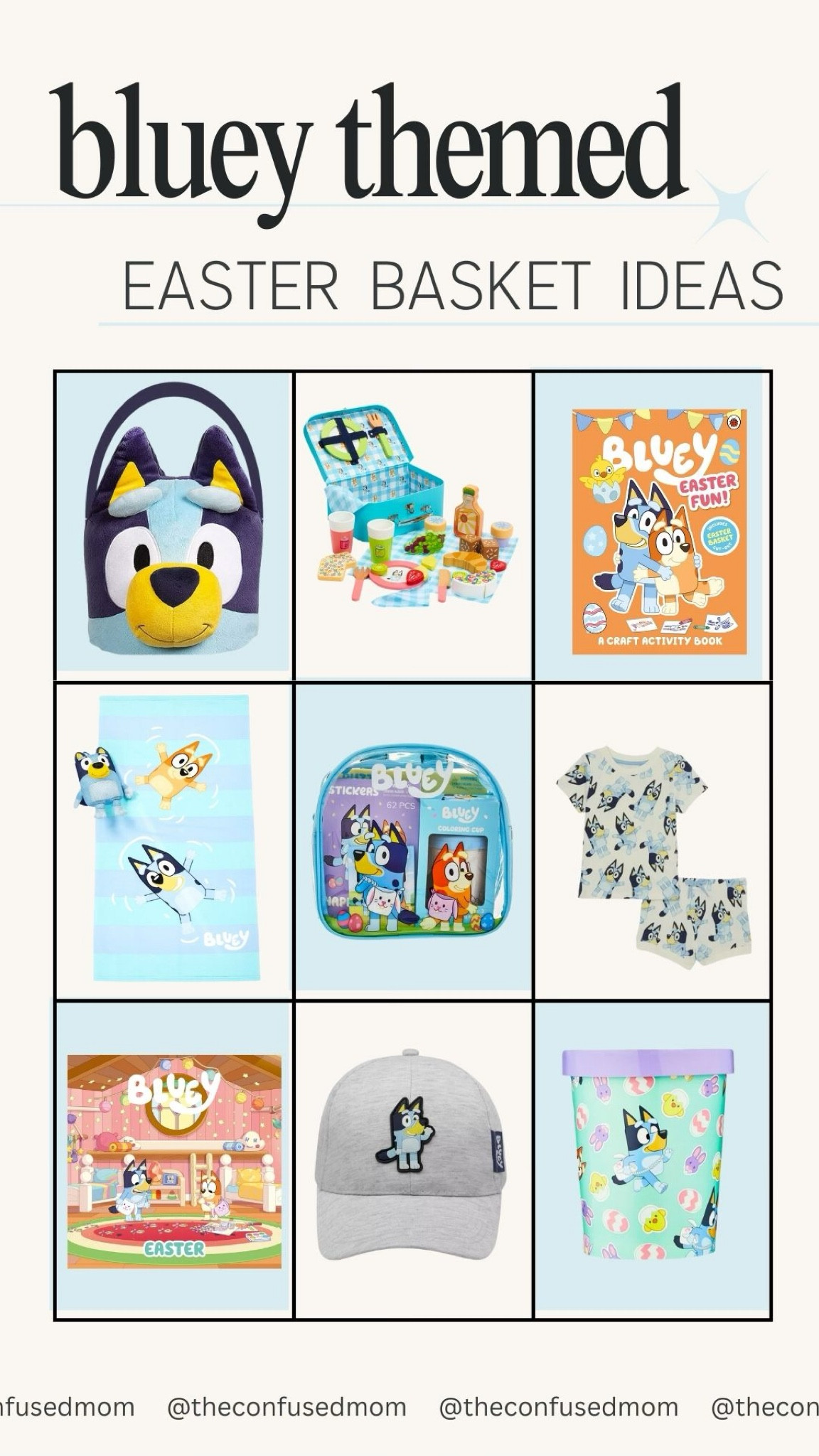 Bluey themed Easter basket ideas! Bluey plush candy basket, Bluey picnic set, Bluey Easter sticker book, Bluey bath towel, Bluey backpack Easter set, Bluey pajama set, Bluey hat, Bluey doodle container, Bluey book. 

#LTKSeasonal #LTKfamily #LTKkids