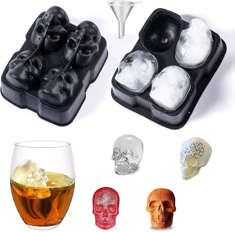 Vpqnee 4 Cavities Silicone 3D Skull Ice Cube Mold Tray Skull Ice Ball Maker with Funnel for Makin... | Amazon (CA)