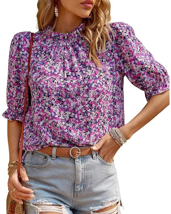 BTFBM Women's Summer Boho Shirt Top Ruffle Short Sleeve Frill Trim Mock Neck Floral Solid 2024 Ca... | Amazon (US)