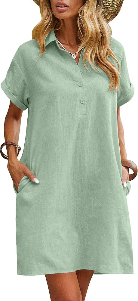 Zeagoo Womens Cotton Shirt Dress Summer Casual Short Sleeve Button Down Beach Cover Up Shirts wit... | Amazon (US)