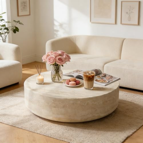 Faux Marble Coffee Table, Modern Round Coffee Table for Living Room, Circle Drum Coffee Side Tables, Fiberglass Center End Table for Small Place Apartment Office, 31.49" Marble | Amazon (US)