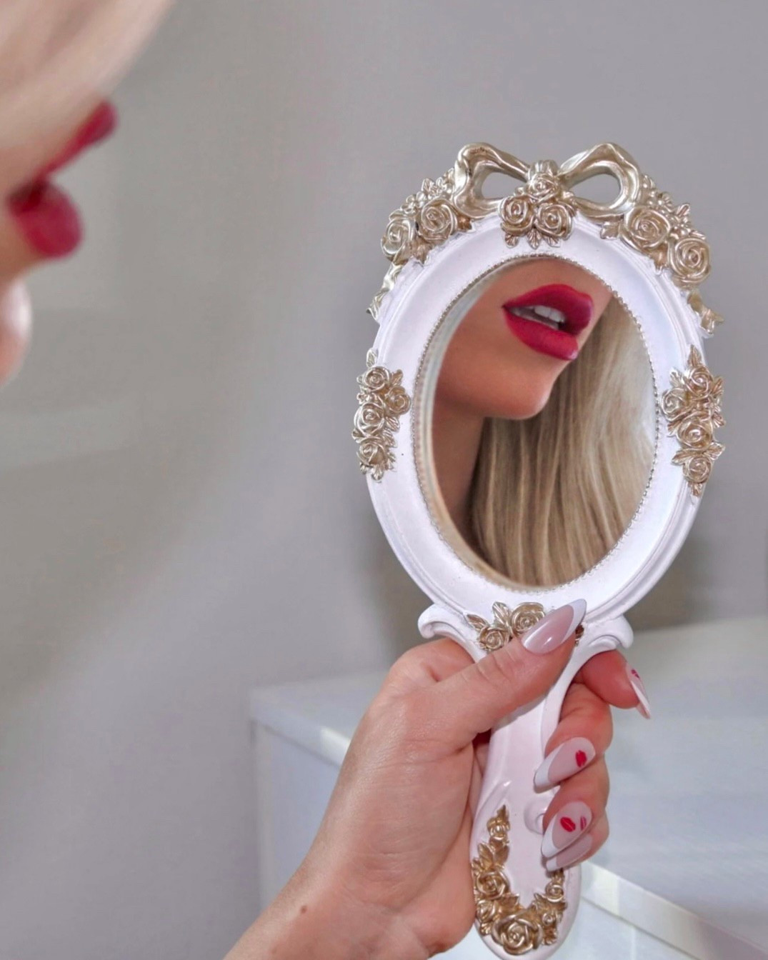 Luxury vanity table, makeup mirror, beauty station at home, makeup station, chic decor, vintage handheld mirror, Victorian style fashion, minimalist aesthetic, gold aesthetic, vanity mirror, evening look, red lipstick, home decor, dream makeup station

#LTKHome #LTKSpringSale #LTKBeauty