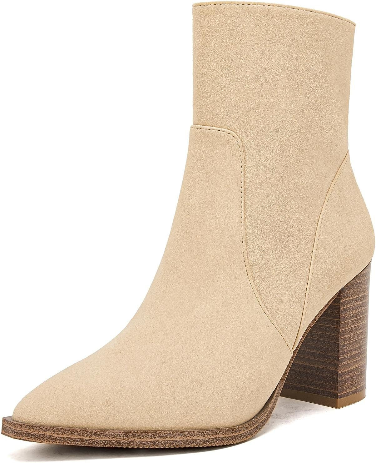 Women's Pointed Toe Ankle Boots Chunky Stacked Heel Side Zipper Faux Leather Ankle Booties | Amazon (US)