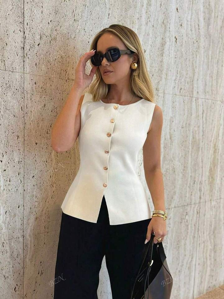 Vintage Chic Fashionable Elegant Metal Button Open Front Solid Color Opaque Sleeveless Round Crew... | SHEIN