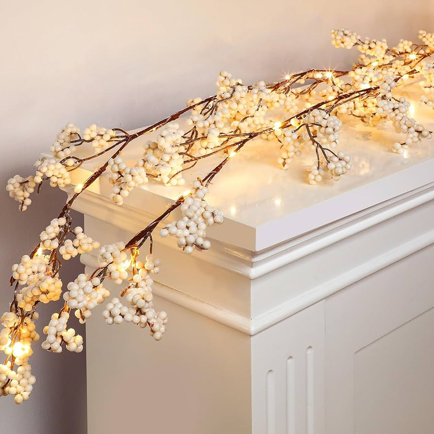 Tigeen 12ft Christmas Frosted Berry Garland with Light Holiday Garland Artificial Winter Pip Snow... | Amazon (US)