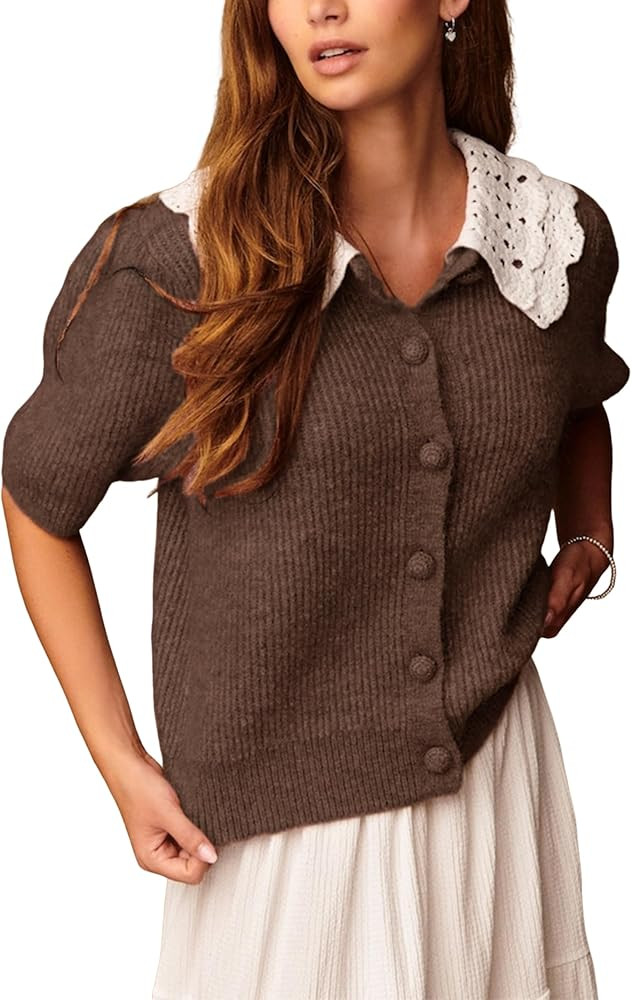 Yiader Women's Casual Short Sleeve Cardigan Crewneck Crochet Collar Button Down Sweater Knit Outw... | Amazon (US)