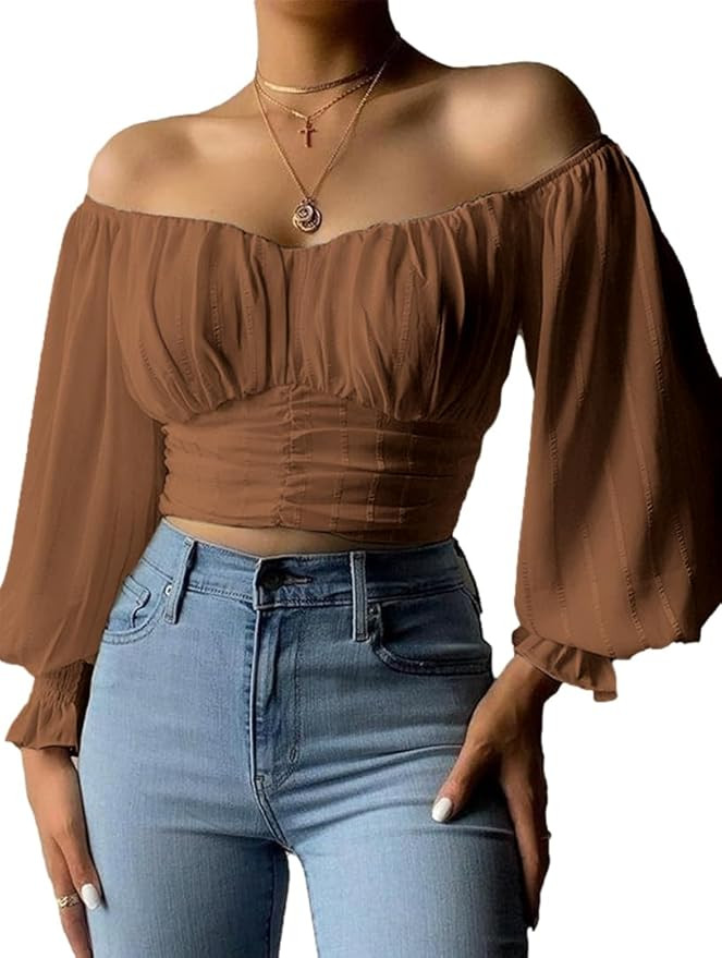 MIRACMODA Womens Elegant Off The Shoulder Puff Sleeve Blouse Summer Chiffon Slim Fit Party Crop T... | Amazon (US)