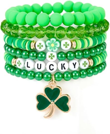 MTAADSO St. Patrick's Day Bracelets for Women Stackable Shamrock Lucky Charm Green Bracelets Fest... | Amazon (US)