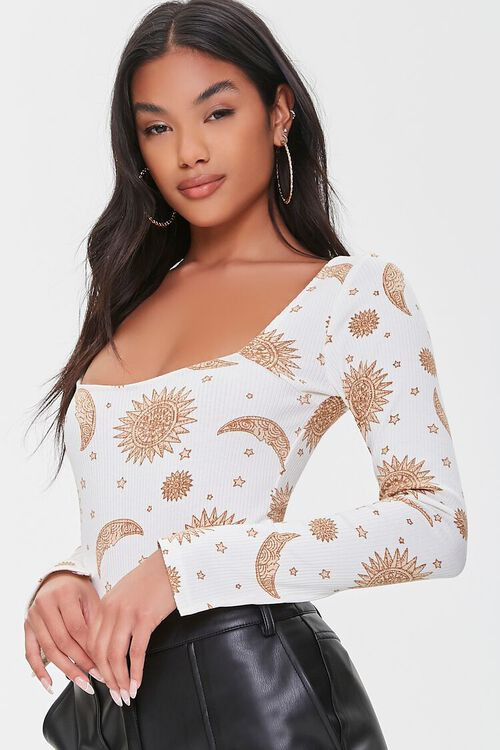 Ribbed Celestial Print Bodysuit | Forever 21 (US)
