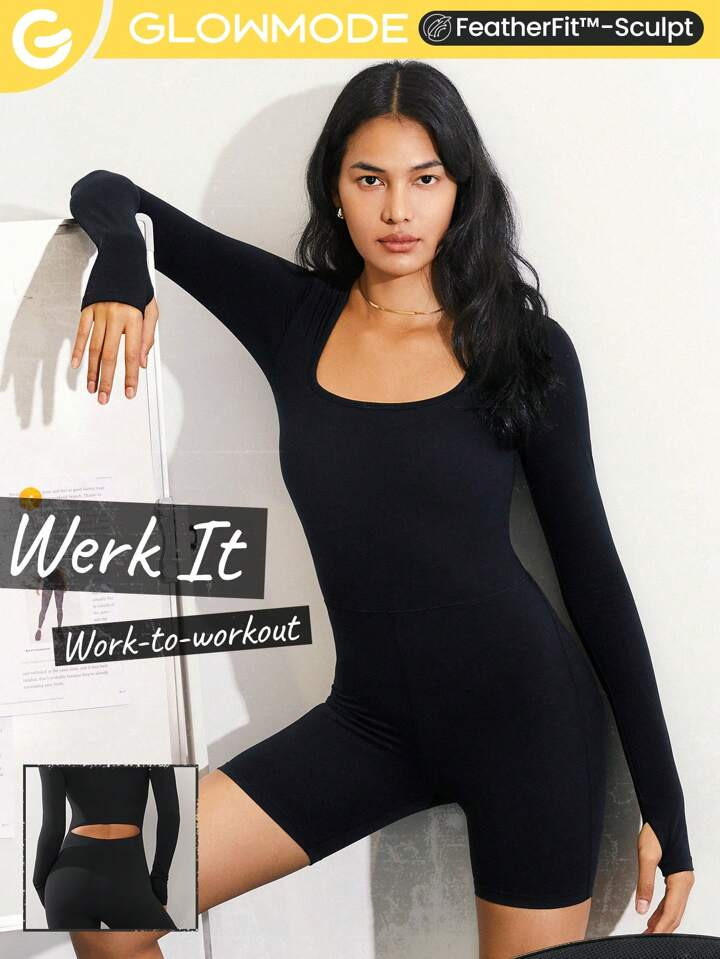 GLOWMODE FeatherFit™-Sculpt Star Square Neck Sports Jumpsuit | SHEIN