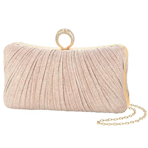 Womens Golden Glitter Clutch Purse Pleated Evening Bag for Bridal Wedding Party with Rhinestone Ring (Champagne) | Amazon (US)