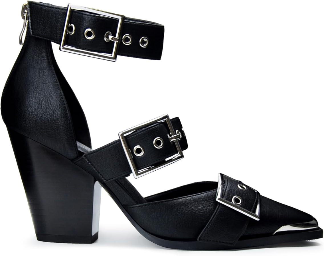 Western Sandals for Women Chunky Wedge Heels Pointed Toe Pumps Ankle Strap Metal Buckle Strappy H... | Amazon (US)