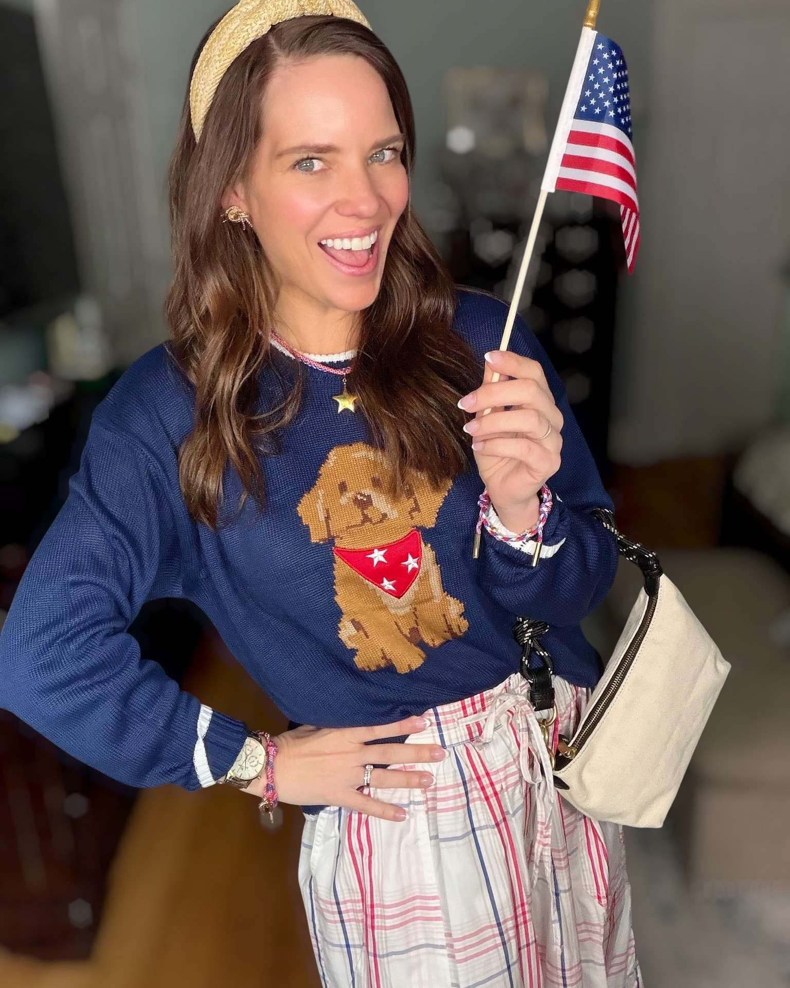Patriotic Puppy Sweater & Plaid Midi Skirt Outfit ❤️🤍💙

The cutest Americana-inspired outfit for summer nights, Memorial Day & the 4th of July 🇺🇸✨ This navy puppy sweater is actually a kids XL and paired perfectly with this lightweight plaid midi skirt, raffia headband, woven flats, and layered red white & blue accessories for a preppy patriotic look ❤️💙🤍

Sweater runs from the kids section — wearing an XL! Added all of my accessories including the star necklace, bracelets, earrings, raffia headband, woven bag & metallic woven flats ✨

patriotic outfit, Americana style, preppy summer outfit, Fourth of July outfit, Memorial Day outfit, patriotic sweater outfit, plaid midi skirt, raffia headband, woven flats, red white and blue outfit, classic summer style, feminine preppy fashion, summer outfit inspiration 🇺🇸

#LTKootd #LTKSeasonal #LTKOver40