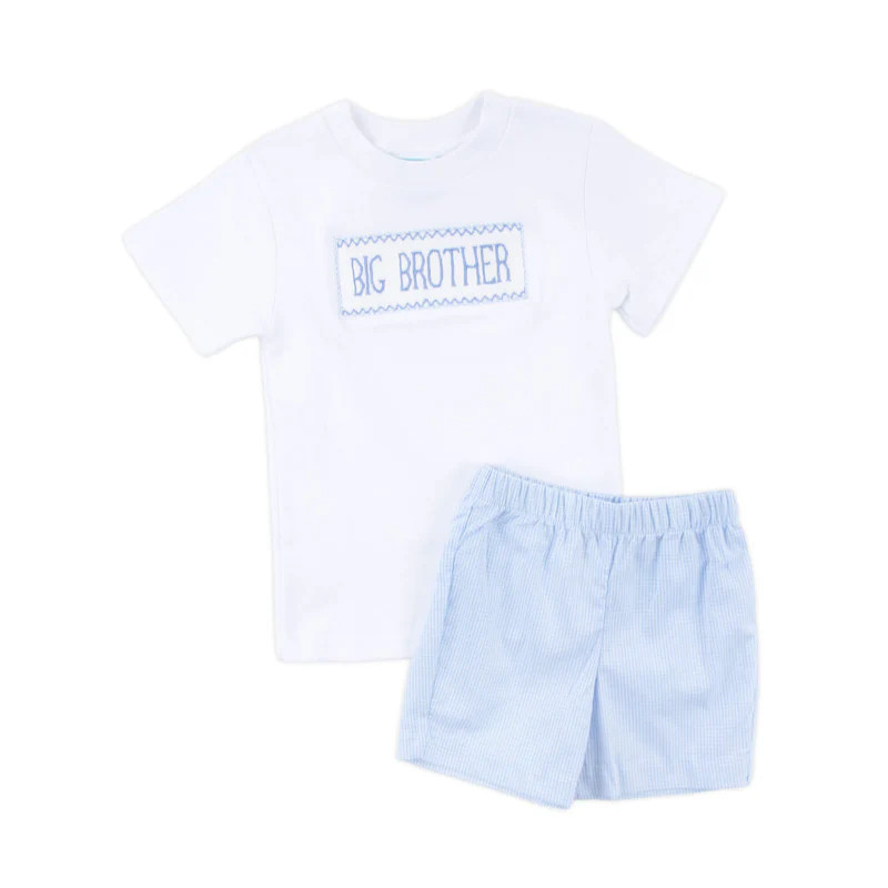 Smocked Big Brother Short Set Light Blue Gingham | Classic Whimsy