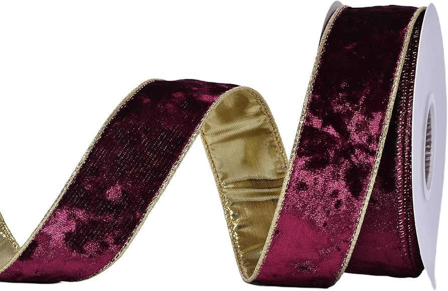 Ribest Burgundy Velvet Wired Ribbon 1 1/2 Inch with Gold Edge for Christmas Tree Gift Wrapping Cr... | Amazon (US)