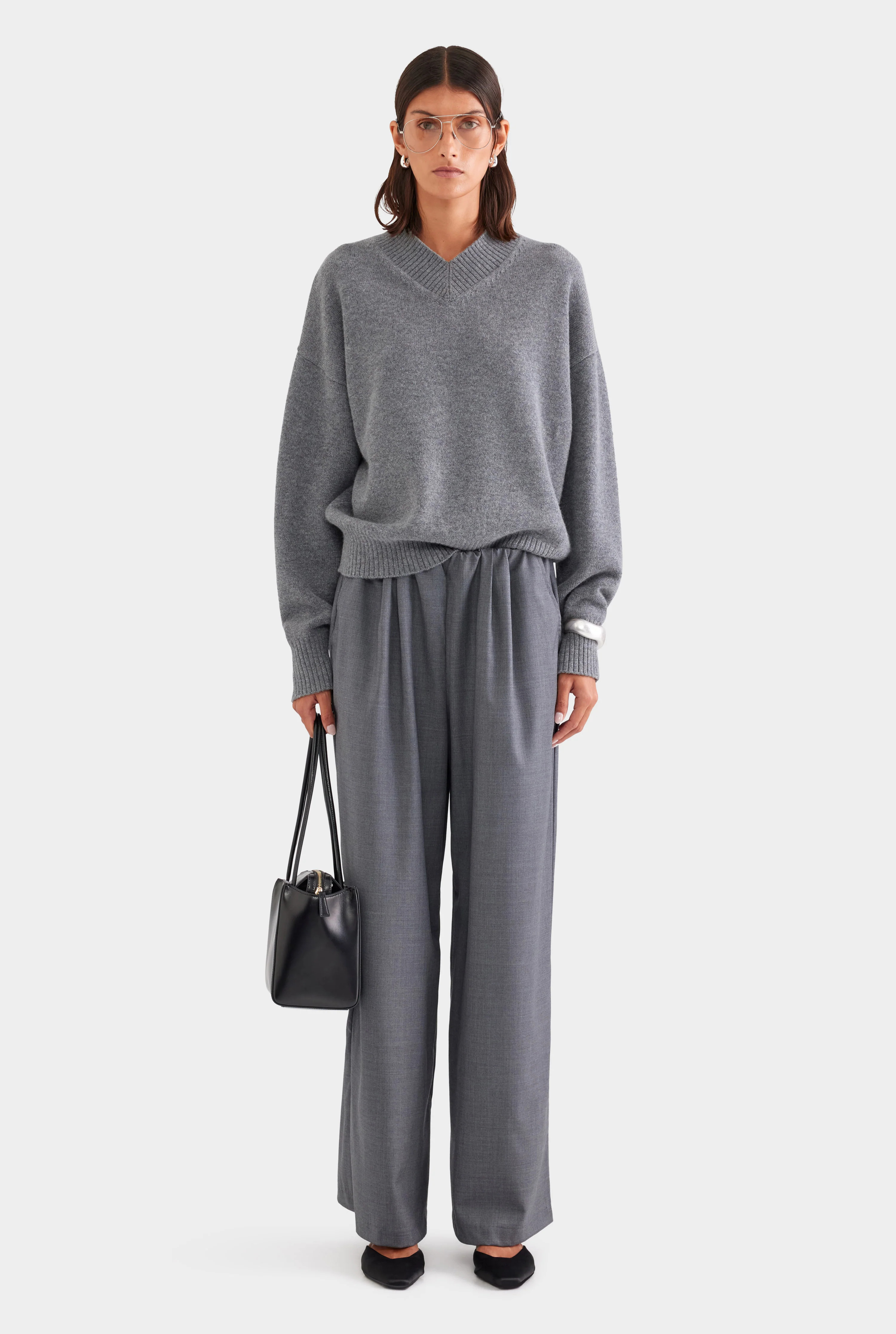Relaxed Wool Wide Leg Trouser Dark Grey Marl | Venroy | Venroy AU