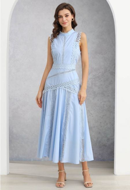 Dive into Elegance Lace Panelled Sleeveless Dress in Baby Blue for Beach Getaways & Garden Partie... | Chicwish