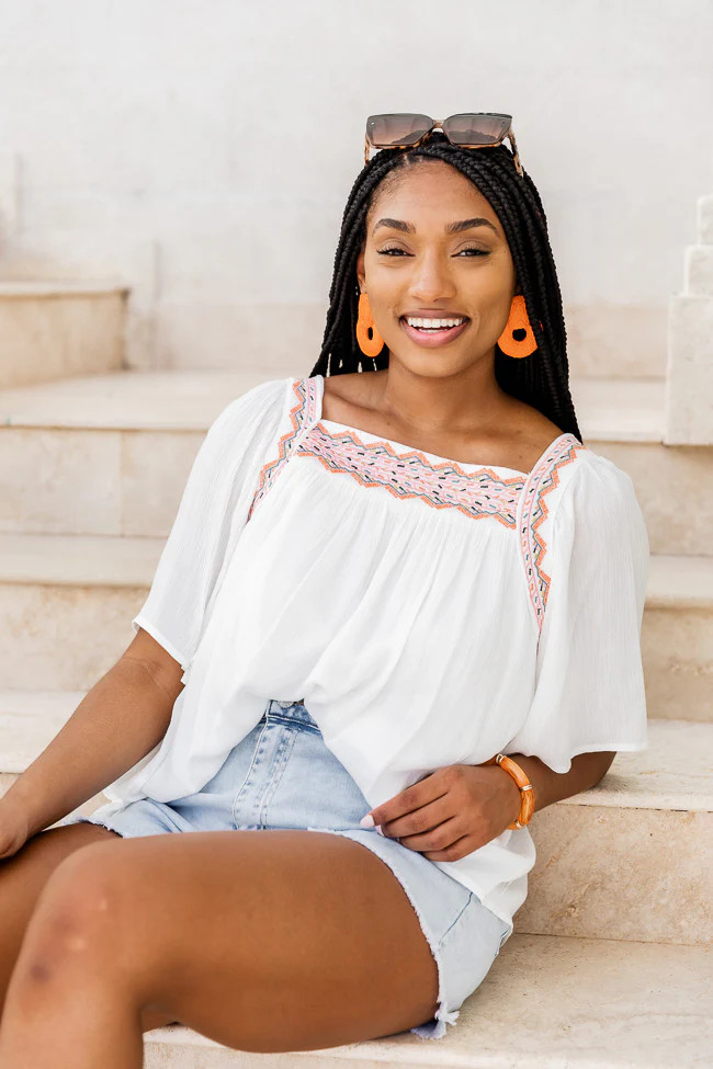 Fun And Done Ivory Embroidered Trim Blouse | Pink Lily