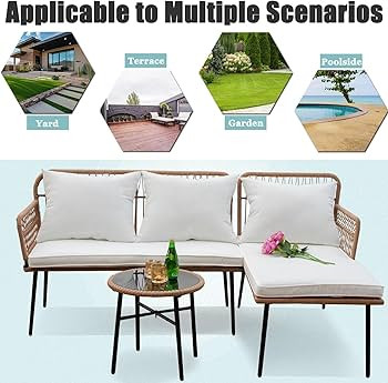 Homsido 3 Pieces Patio Furniture Set, L-Shaped Outdoor Chaise Lounge Wicker Rope Boho Patio Bistr... | Amazon (US)