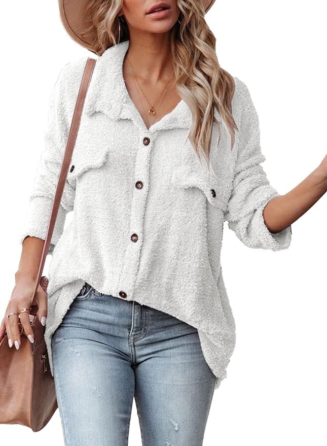 EVALESS Womens Long Sleeve Fleece Fuzzy Shacket Jacket Solid Button Down Coats Outwear Jackets | Amazon (US)