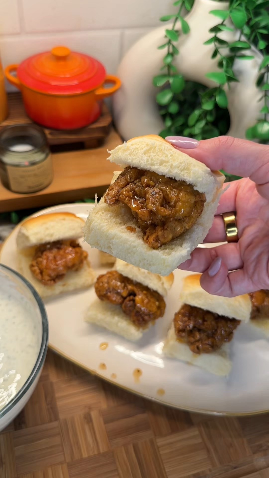 these hot honey chicken sliders are the ultimate sweet & spicy combo🔥🍯🍗crispy, flavorful bite sized beauties that are perfect for a fun dinner night in or to serve at parties!

Ingredients:
- 1.5-2 lbs chicken breast, cut in small cubes
- 2 cups buttermilk (season with salt, pepper, paprika, onion powder, garlic powder)
- 1/4 cups buttermilk pickle juice
*marinate for at least 1 hour
- 3 cups flour 
- 1 tbsp cornstarch
- salt, pepper, onion powder, garlic powder, paprika

ranch:
- 1.5 cups Greek yogurt
- 1/3 cup buttermilk
- 1/4 cup ranch seasoning
- 1/4 cup chopped dill
- juice of 1 lemon

hot honey:
- 1/3 cup honey
- 2 tbsp apple cider vinegar
- pinch of salt and pepper
- 2 tsp crushed red pepper flakes (adjust to your spice level)



#chickensliders #easydinnerideas #fundinnerideas #easyweeknightmeals

#LTKHome #LTKFamily #LTKSeasonal