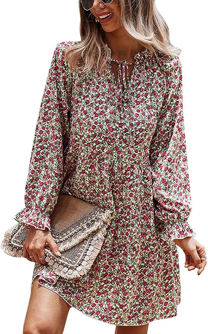 Womens Boho Floral Casual Dresses, Ruffle Long Sleeve V Neck Tie Elegant Shirt Flowy Beach Dresse... | Amazon (US)