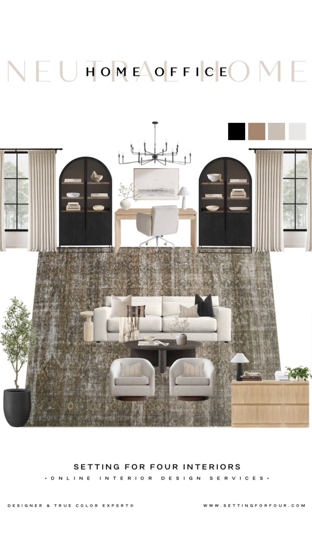 Neutral home office mood board and decor!
Black arch cabinets, storage, light wood desk, office chair, file cabinet, Loloi rug, wall art, faux tree, planter, plant pot, coffee table, coffee table decor, beige sofa, black chandelier, swivel chairs, organic modern, transitional, minimalist, earthy, Pottery Barn style, Crate & Barrel aesthetic, Walmart, Target, Amazon must haves, sale#LTKFindsUnder50

#LTKHome #LTKSaleAlert #LTKmomlife