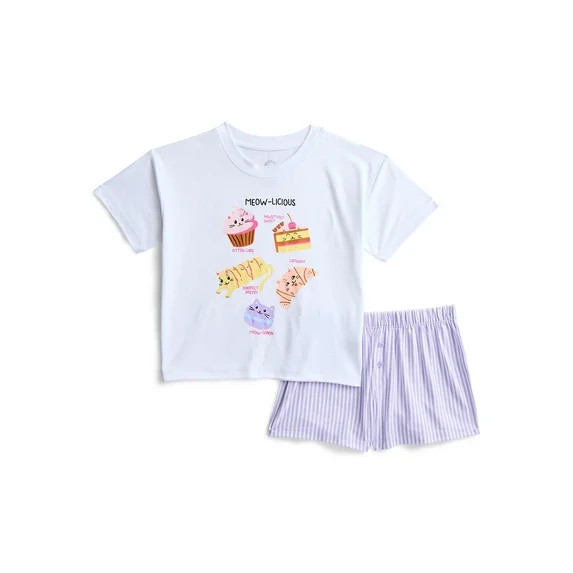 Wonder Nation Girls Short Sleeve Tee and Shorts Pajama Set, 2-Piece, Sizes 4-18 | Walmart (US)