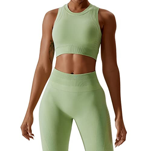 ABOCIW Workout Sets for Women, High Impact Racerback Sports Bra Crop Tops and Seamless Tummy Control High Waist Leggings 2 Piece Gym Yoga Outfits Light Green Large | Amazon (US)
