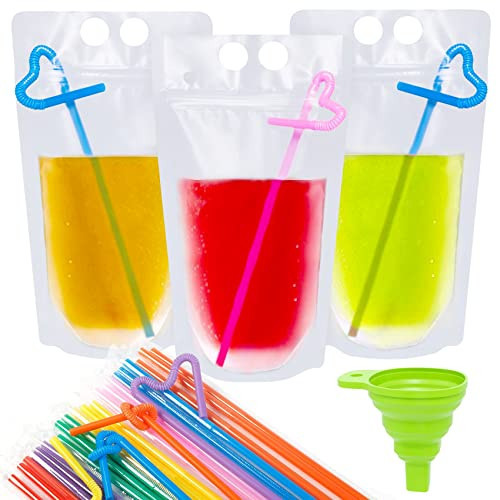 Ouddy 50 Pcs Drink Pouches, Juice Pouches for Adults, Reusable, Reclosable Zipper Smoothie Bags for Cold & Hot Drinks with 50 Straws & Silicone Funnel | Amazon (US)