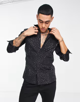 Twisted Tailor pipi slim shirt in black with polka dot foil print | ASOS (Global)