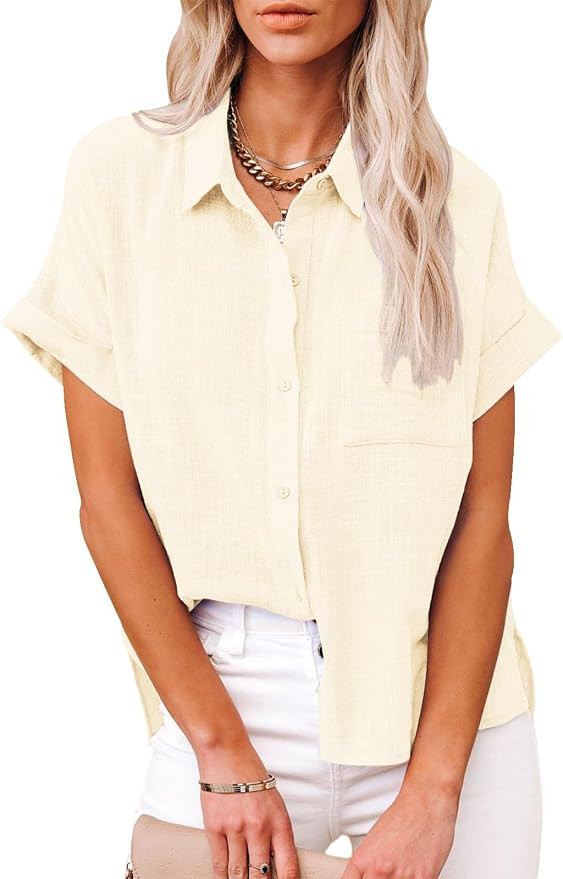 Womens Casual Cotton Linen Button Down Short Sleeve Shirts Solid Summer Beach Blouses Tops with P... | Amazon (US)