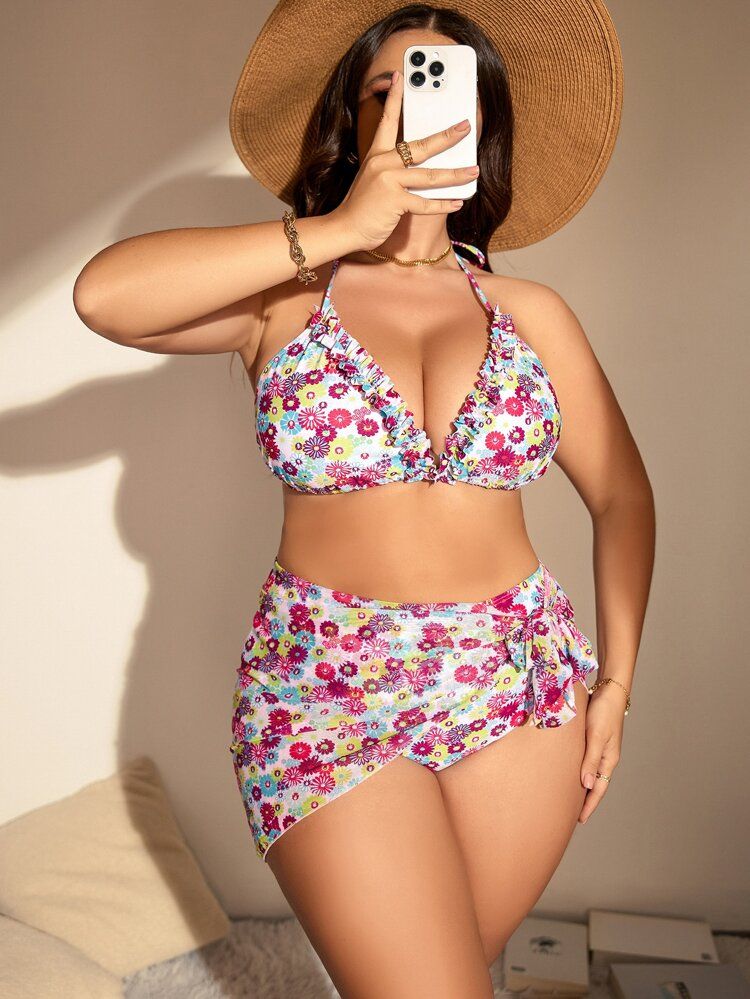 Plus Floral Print Halter Triangle Bikini Swimsuit With Beach Skirt | SHEIN