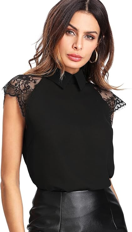 Floerns Women's Lace Splice Peter Pan Collar Cap Sleeve Blouse Tops | Amazon (US)