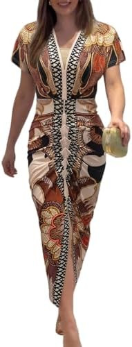 CHICME Summer Dresses for Women Floral Print Plunge V Neck Midi Dress Casual Ruched Slit Bodycon ... | Amazon (US)