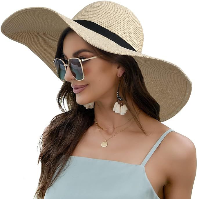 IRIS CRAFT Wide Brim Beach Sun Straw Hat Women UV UPF50 Travel Floppy Summer UV Hat | Amazon (US)
