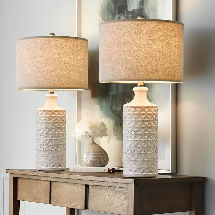 PoKat 24.75" Modern Contemporary Ceramic Table Lamp Set of 2 for Living Room White Desk Decor Lam... | Amazon (US)
