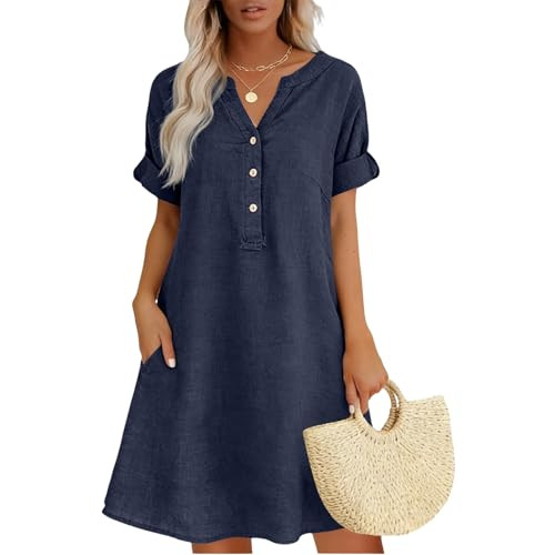 Linen Dress Women Dressy Casual V Neck Cotton Short Sleeve Maxi Summer Dresses 2026 Ladies Flowy ... | Amazon (US)