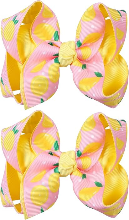 2Pc Lemon Ribbon Hair Bow Clips 4.3" Tropical Fruit Alligator Barrettes Hairpins for Girls Teens ... | Amazon (US)