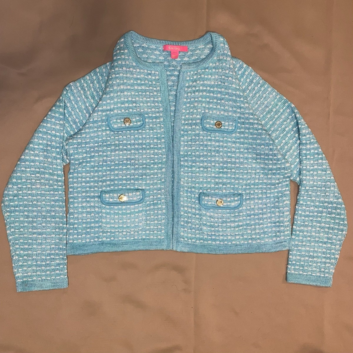 Lilly Pulitzer Kienna Cardigan Sweater Jacket Cumulus Blue Metallic Knit Gold XL | eBay US