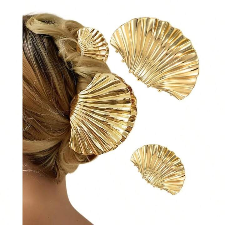 2 PCs Metal Gold Shell Hair Claw Clips For Women Fashion Seashell Hair Clips For Most Hairstyles Such As Thick And Long Hair Straight And Curly Hair | SHEIN